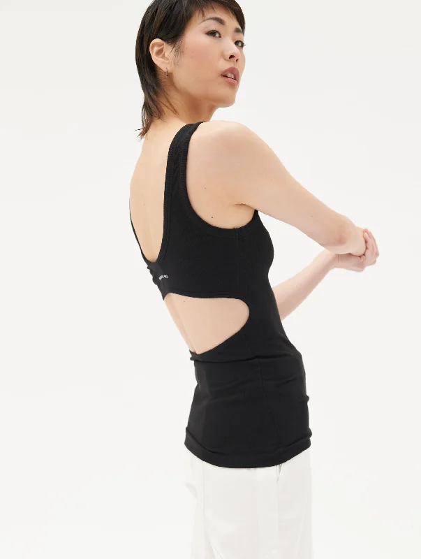 Black ribbed jersey open back tank top