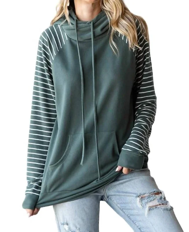 Striped Drawstring Hoodie In Green