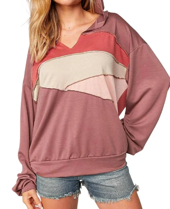 Colorblock Vneck Hoodie In Mauve