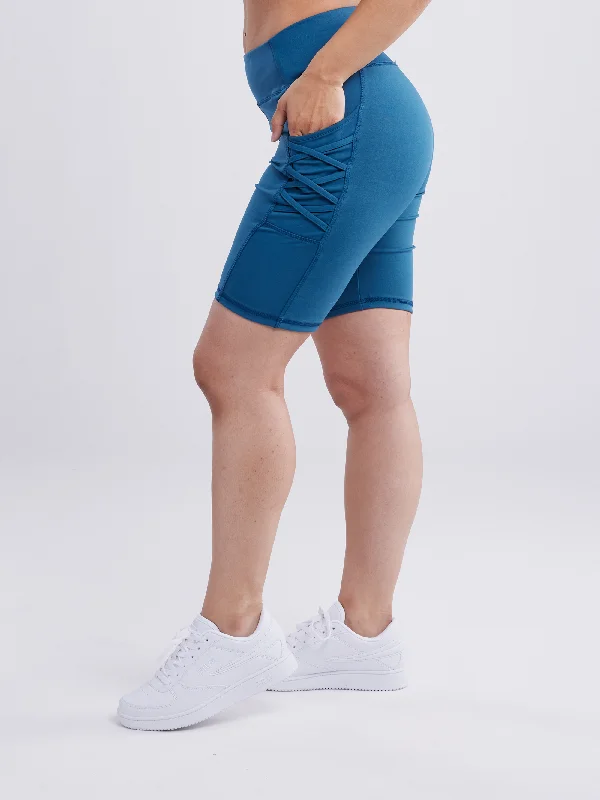 High-Waisted Mid-Thigh Workout Shorts with Pockets & Criss Cross Design