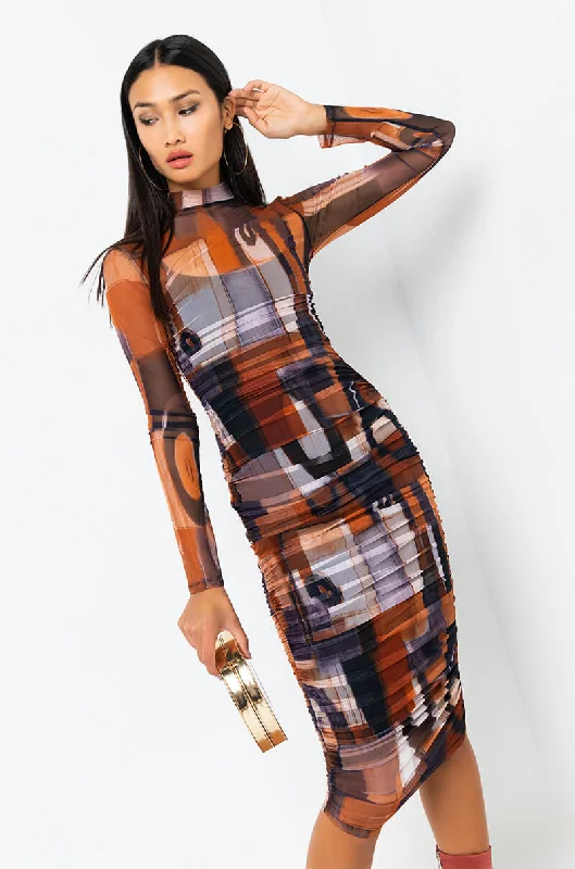 BREAK THE MOLD LONG SLEEVE RUCHED MESH MIDI DRESS rust