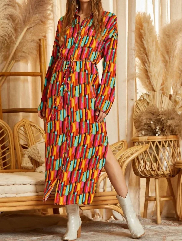 Button Down Fun Print Maxi Shirt Dress In Multi Color