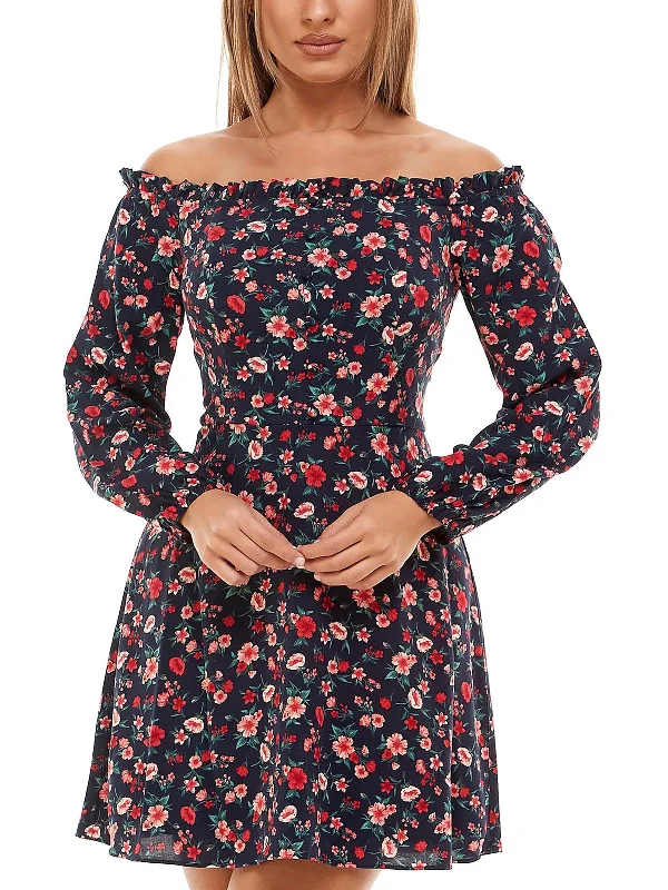 Juniors Womens Floral-Printed Mini Fit & Flare Dress