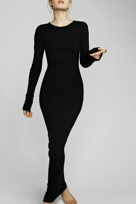 Long Sleeve Crewneck Maxi Dress In Black