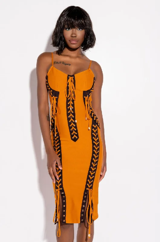 LOVE IT LACE UP MIDI DRESS DARK YELLOW