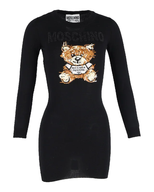 Moschino Embellished Bear Mini Dress in Black Wool