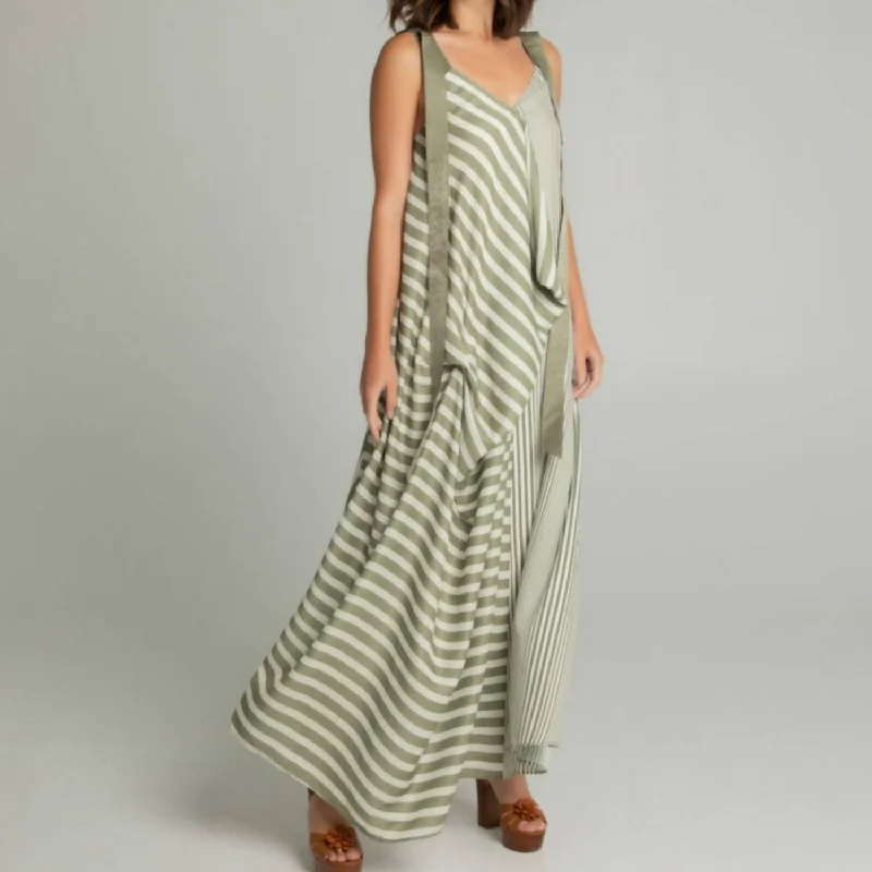 Stripped Ribbon Maxi Dress In Green And White