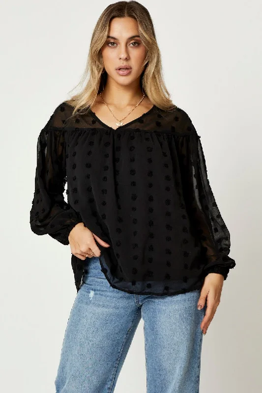 Black Swiss Dot Smock Top