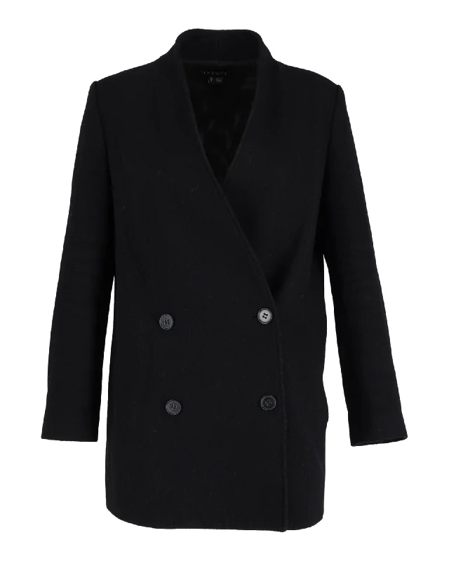 Theory Double-Breasted Collarless Blazer in Black Wool