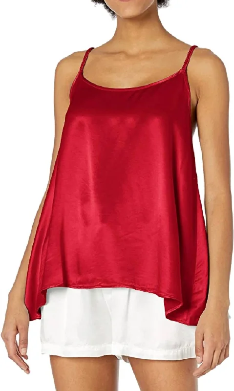 Daisy Satin Tank With Braided Straps & Elastic Back In Red