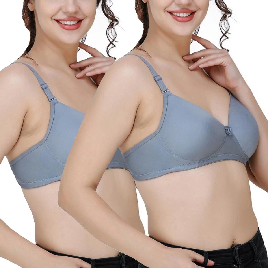 Lightly Padded Polyamide Cotton T-Shirt Bra for Women - Padded, Wireless, 3/4th Coverage Grey (Pack of 2)