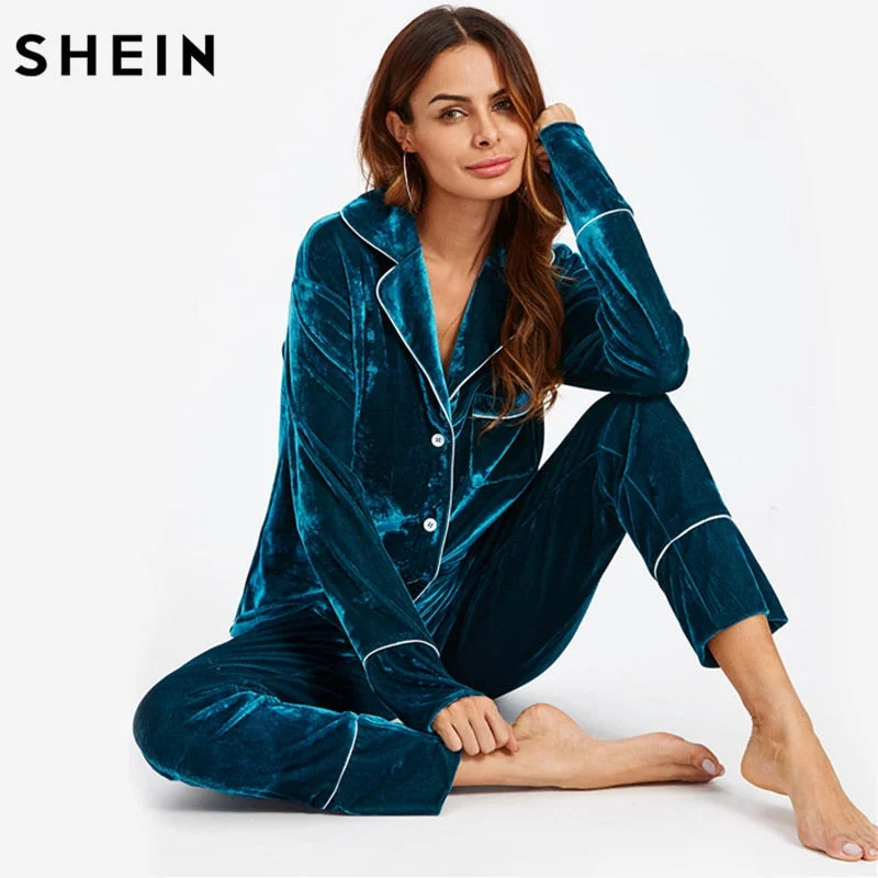 Blue Long Sleeve Notch Collar Binding Pocket Top and Pants Pajama Set