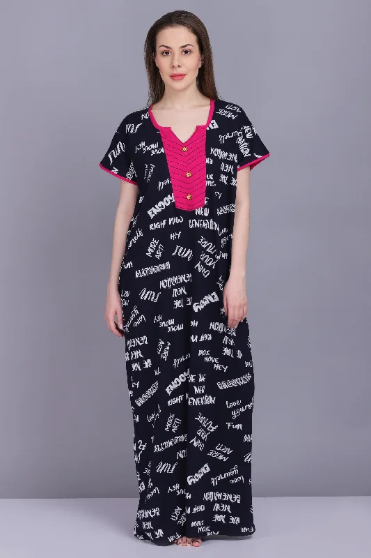 Women Cotton Sinker Typography Print All Season Nighty