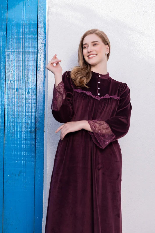 Velvet Nighty in wine with lace trims