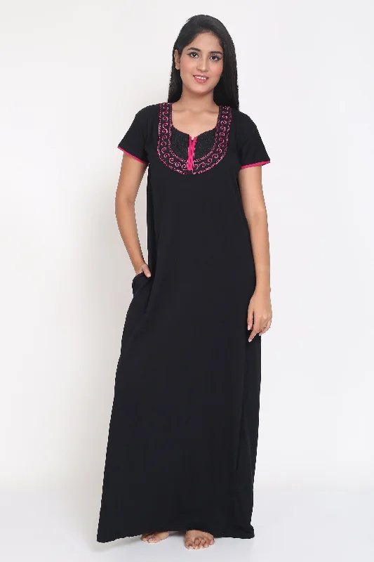 Women's Hosiery Black Plain Maxi Nightgown with Embroidery Neck