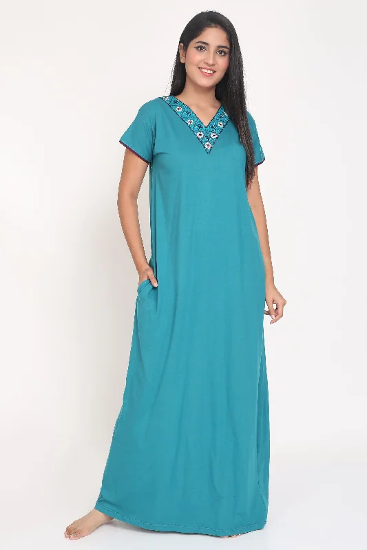 Women's Hosiery Cyan Plain Maxi Nightgown with Embroidery Neck