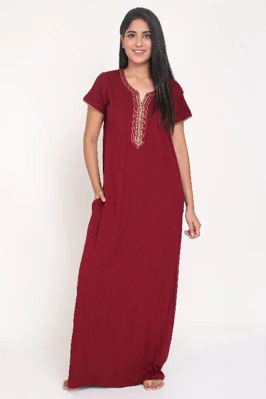 Women's Hosiery Maroon Plain Maxi Nightgown with Embroidery Neck