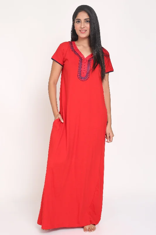 Women's Hosiery Red Plain Maxi Nightgown with Embroidery Neck